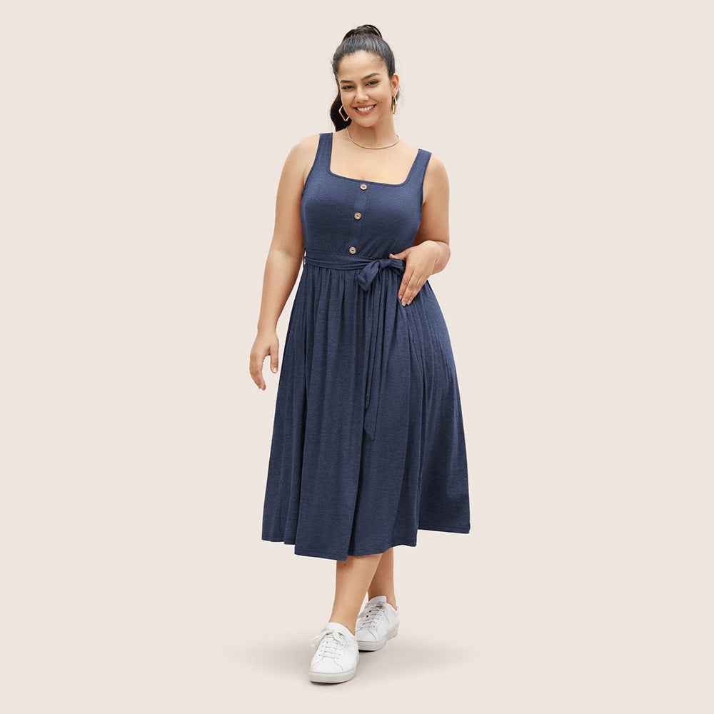 Plus Size Women Elegant Square Collar Sleeveless Dress Waist-Controlled Lace up A line Midi Dress