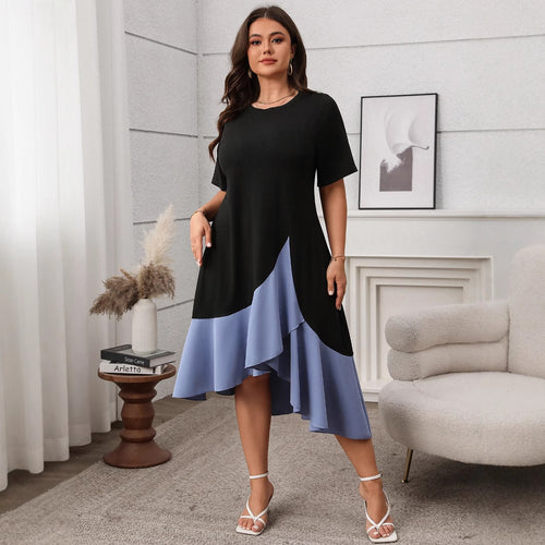 Plus Size Color Contrast Patchwork Dress Summer Short Sleeved Fishtail Ruffled Midi Dress