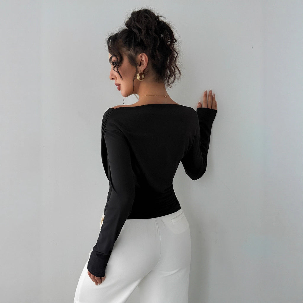 Autumn Winter Solid Color Shoulder Collar Shoulder Baring Slimming Long Sleeve All Match Office Top
