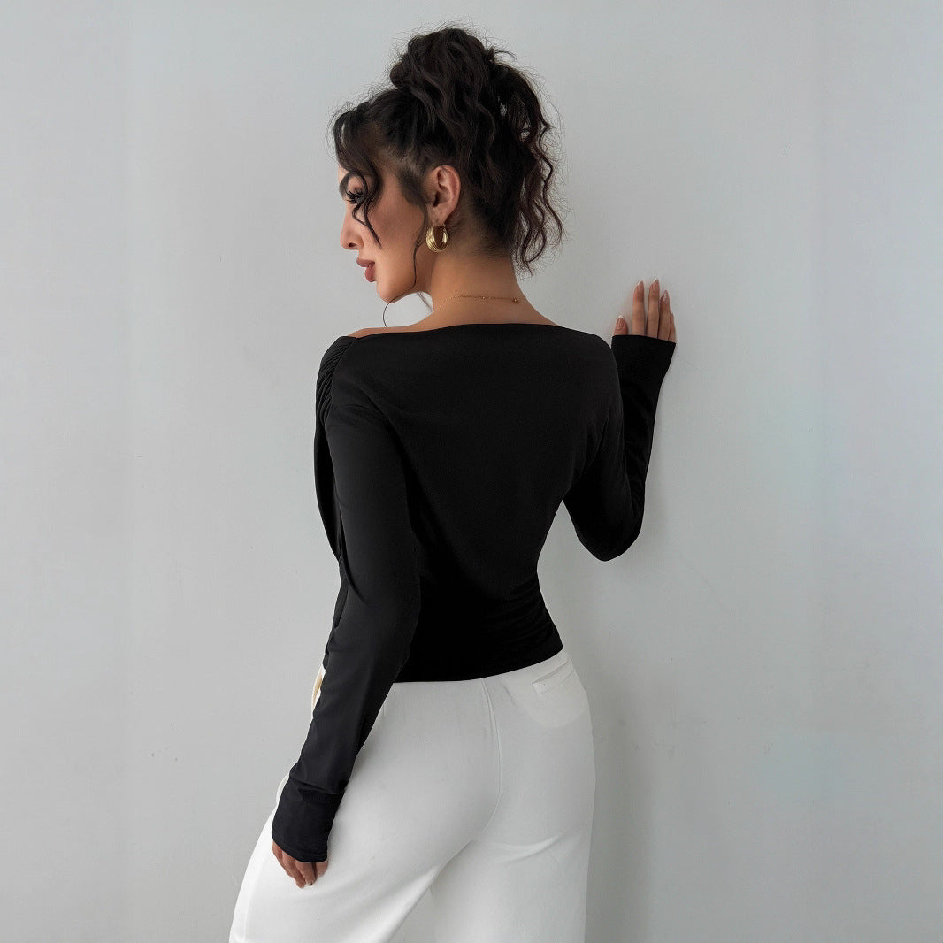 Autumn Winter Solid Color Shoulder Collar Shoulder Baring Slimming Long Sleeve All Match Office Top