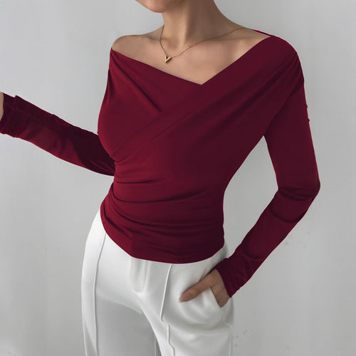 Autumn Winter Solid Color Shoulder Collar Shoulder Baring Slimming Long Sleeve All Match Office Top