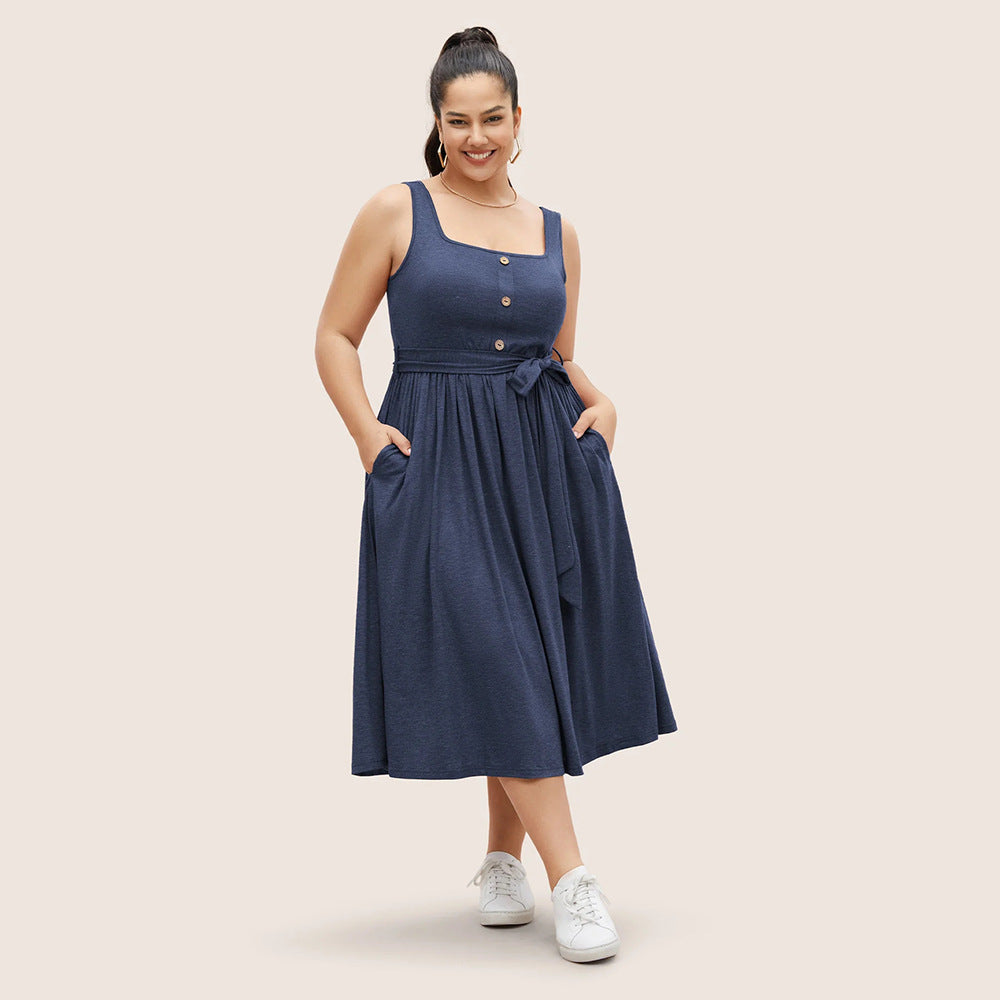 Plus Size Women Elegant Square Collar Sleeveless Dress Waist-Controlled Lace up A line Midi Dress