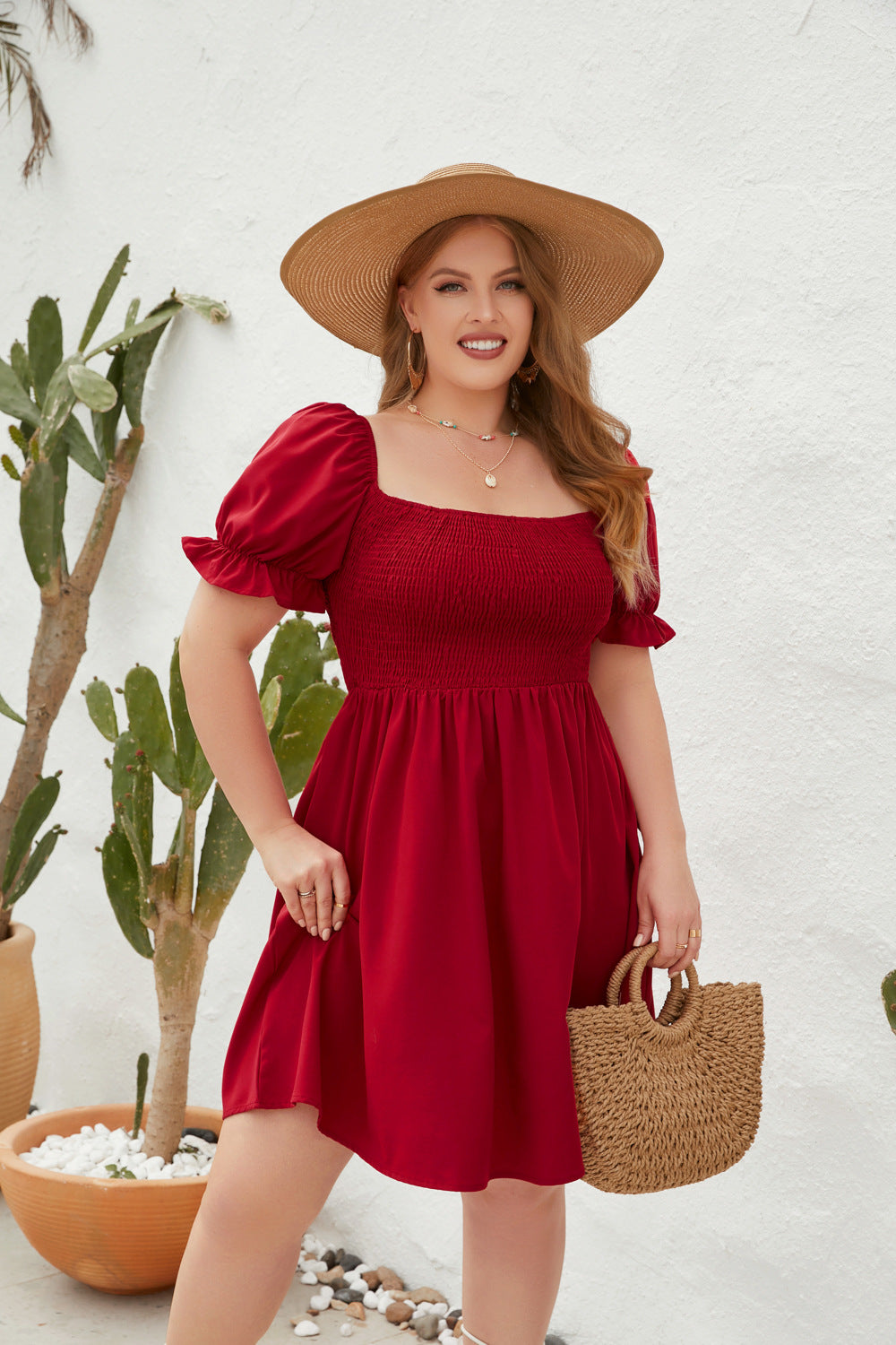 Plus Size Women Clothing Solid Color Casual Holiday Dress Travel Square Collar Smocking Puff Sleeve Dress