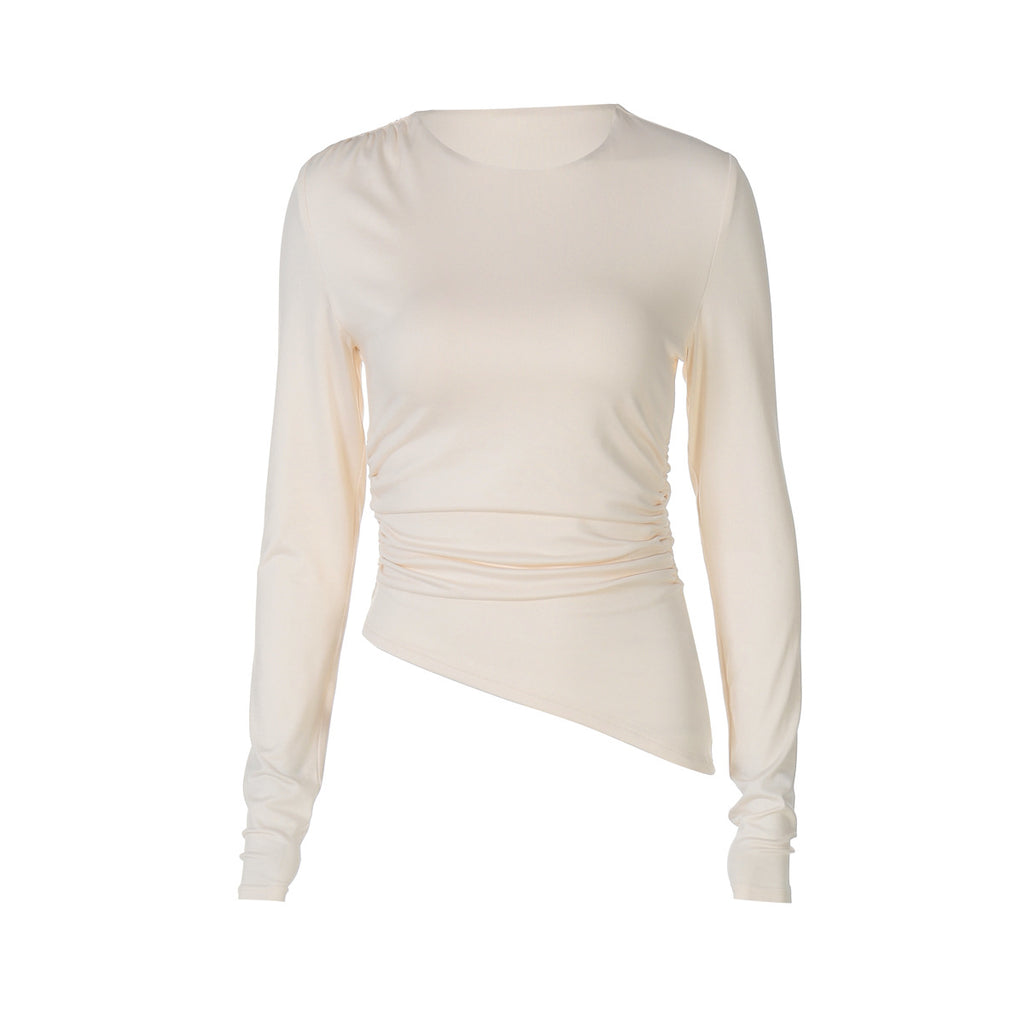 Women Clothing Summer Sexy Slim Fit round Neck Long Sleeves Beveled Top