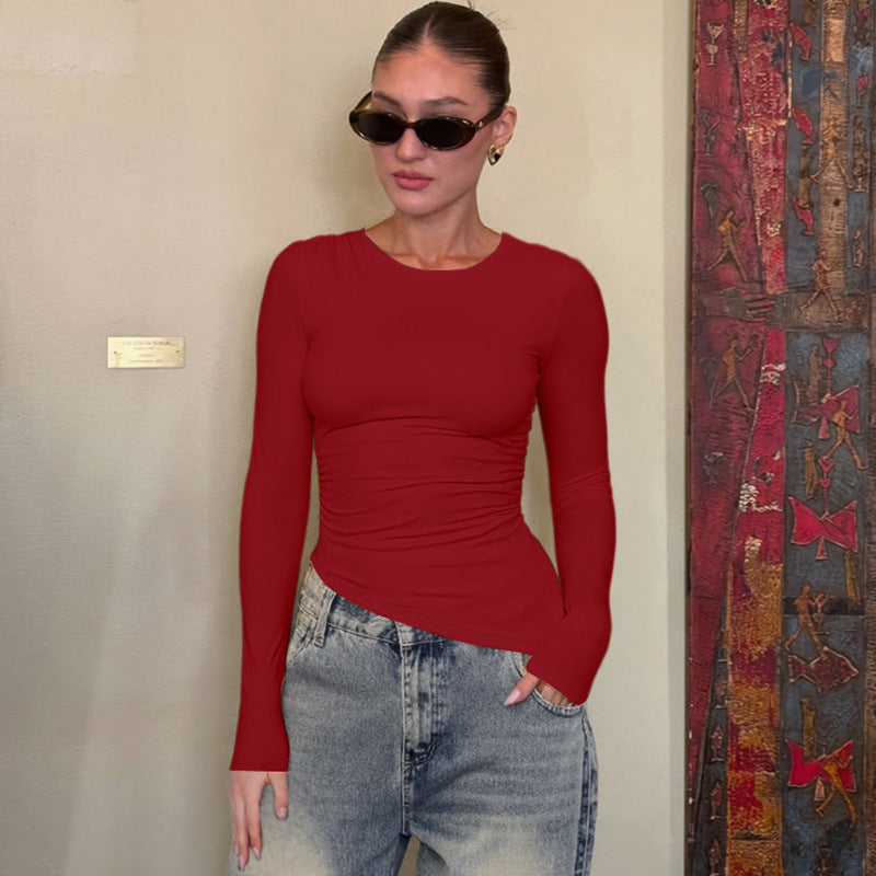 Women Clothing Summer Sexy Slim Fit round Neck Long Sleeves Beveled Top
