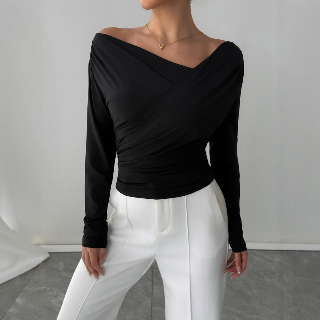 Autumn Winter Solid Color Shoulder Collar Shoulder Baring Slimming Long Sleeve All Match Office Top