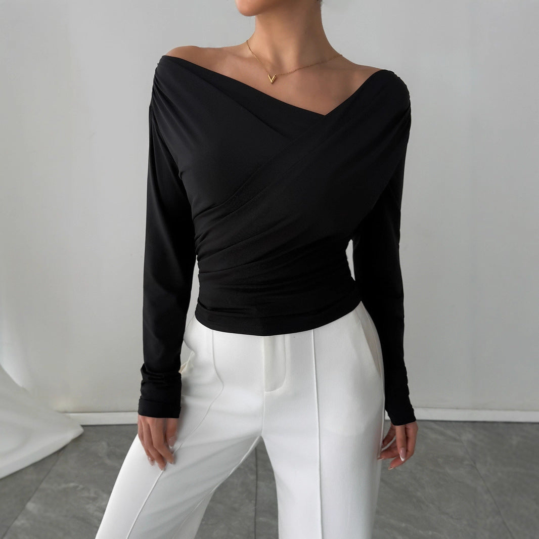 Autumn Winter Solid Color Shoulder Collar Shoulder Baring Slimming Long Sleeve All Match Office Top