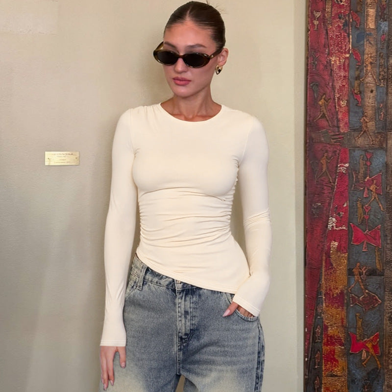 Women Clothing Summer Sexy Slim Fit round Neck Long Sleeves Beveled Top