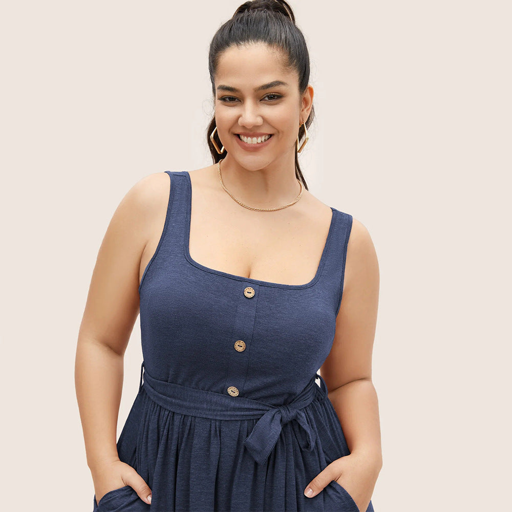 Plus Size Women Elegant Square Collar Sleeveless Dress Waist-Controlled Lace up A line Midi Dress