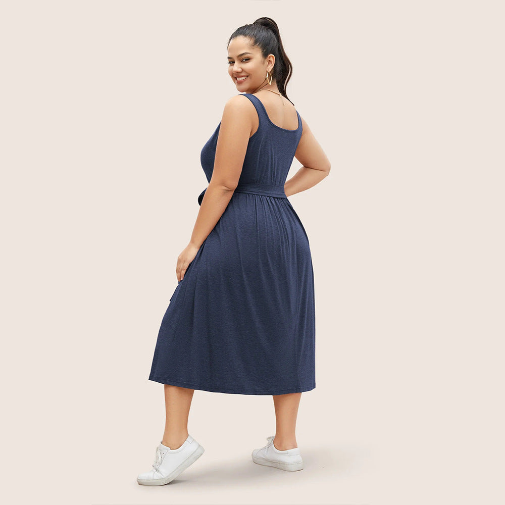 Plus Size Women Elegant Square Collar Sleeveless Dress Waist-Controlled Lace up A line Midi Dress